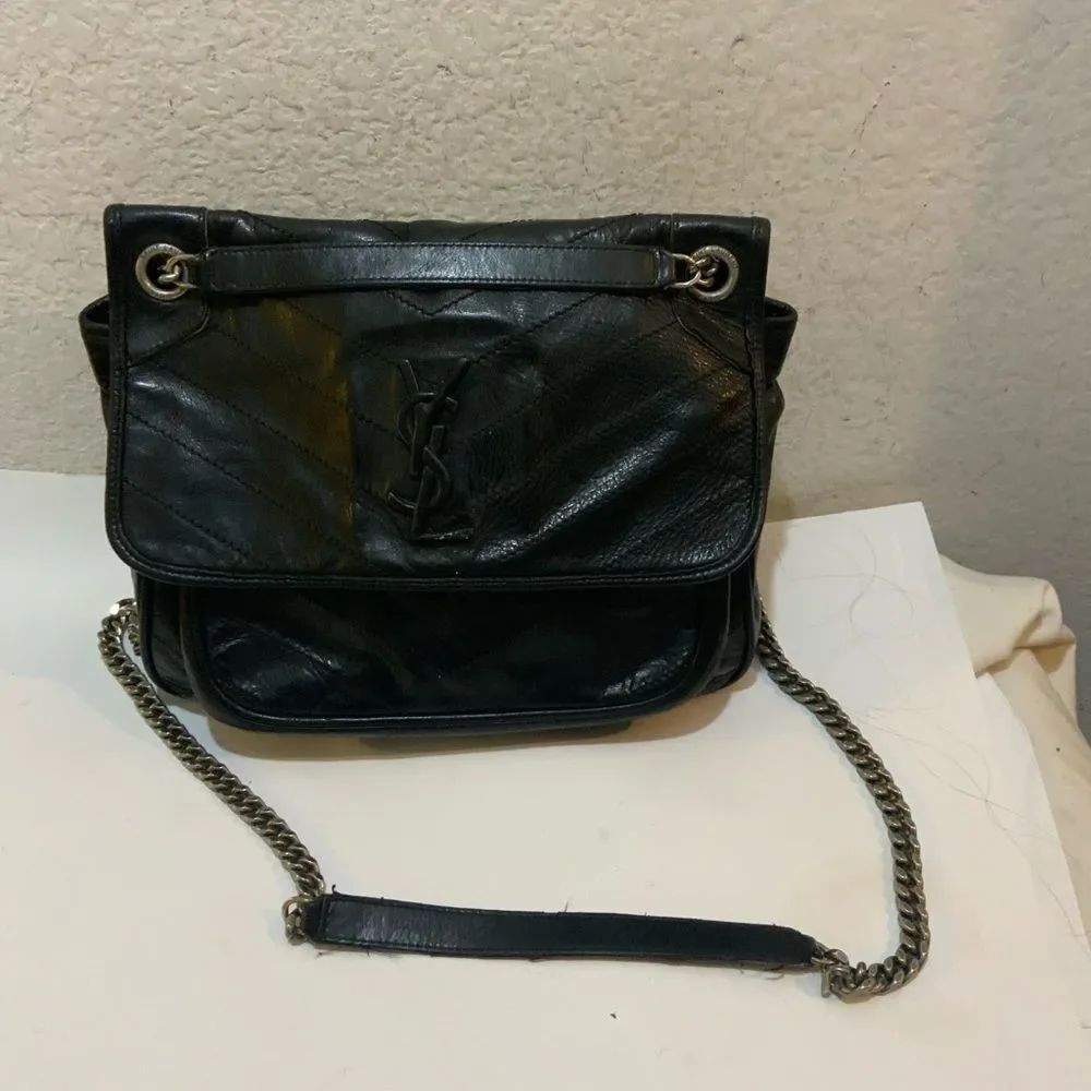 Saint Laurent Crinkled Calfskin Monogram Niki Medium Shoulder Bag